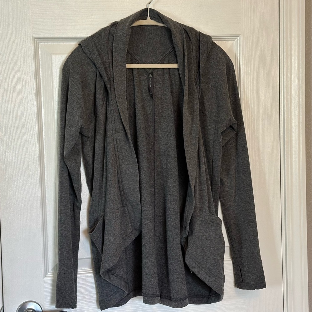 GAIAM Charcoal Open Front Hooded Athletic Cardigan Yoga Wrap - XS